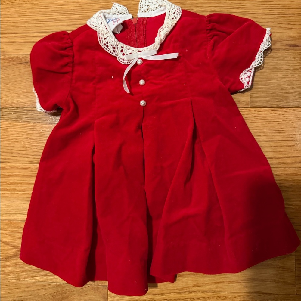 Vintage baby girl red velvet lace trim dress